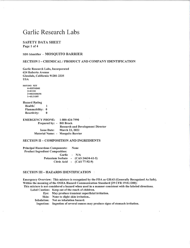 Mosquito Barrier MSDS page one